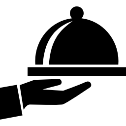Covered food tray on a hand of hotel room service icon