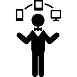 uomo in piedi con dispositivi collegati icona