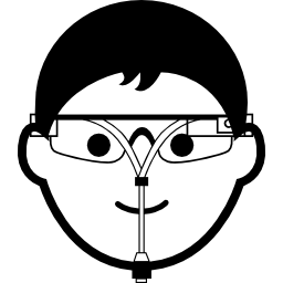 Young man with eyeglasses and google glass icon