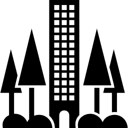 City tower building surrounded by trees icon