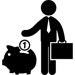 Businessman saving money in a piggy box icon