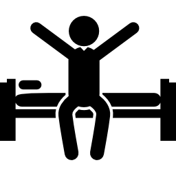 Man waking up on morning sitting on bed stretching his arms icon