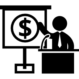 Man on business presentation talking about money icon