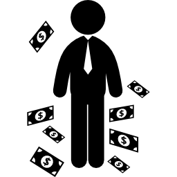 Стоящий бизнесмен с денежными счетами вокруг иконка