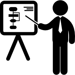 Businessman in a presentation pointing a board with graphics icon