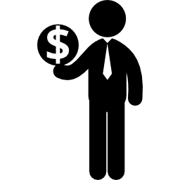 uomo d'affari in piedi con una moneta da un dollaro icona