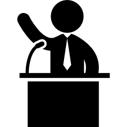 Man talking on business presentation behind a podium with a mic icon