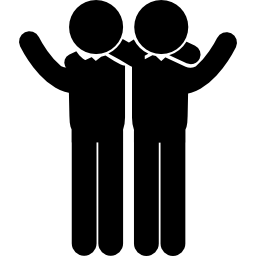 Two men side by side in a hug with raised arms icon
