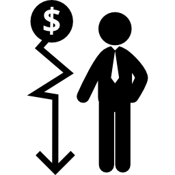 Descending money arrow graphic and a businessman icon