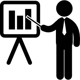 empresario señalando un tablero con estadísticas gráficas de negocios icono