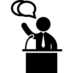 Man talking on a lecture by microphone icon