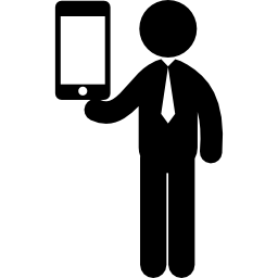 uomo d'affari in piedi con un tablet a portata di mano icona