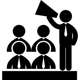 Man talking to male audience with a speaker icon