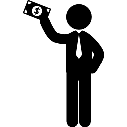 uomo in piedi con una banconota nella mano destra alzata icona