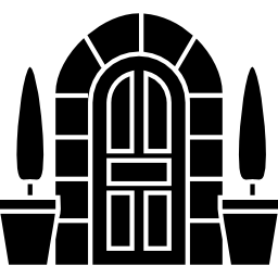 Door of arch shape with two small trees on pots at both sides icon