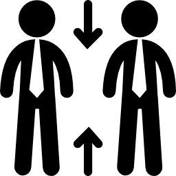 Two businessmen standing with up and down arrows signs icon