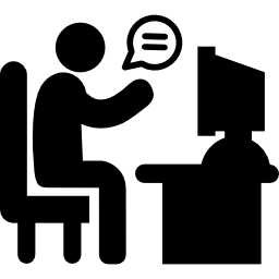 uomo sulla sua scrivania in chat con un cliente icona