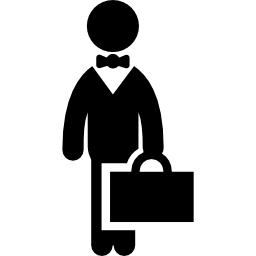 Businessman standing with bow tie and suitcase icon