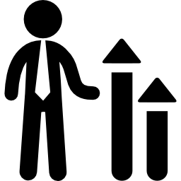 Descending business graphic with up arrows and a businessman icon