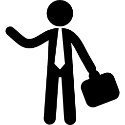 Businessman standing with suitcase in one hand and raising the other to catch transport icon