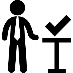 biznesmen stół i znak weryfikacyjny ikona