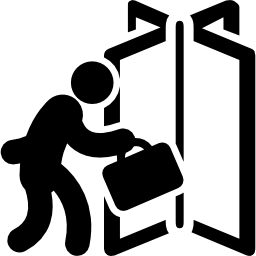 biznesmen z walizką wchodzącą obrotowymi drzwiami ikona