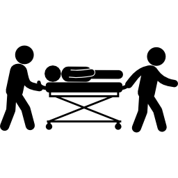 Injured person lying on a bed and medical assistants carrying it icon