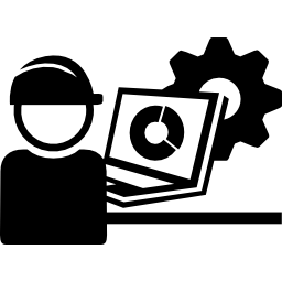 Industry worker with cap protection and a laptop icon