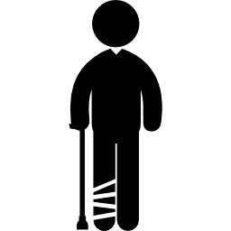 uomo con gamba fasciata in piedi con un bastone icona