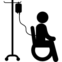 patiënt zittend op wielen stoel met zoutoplossing via silhouet icoon