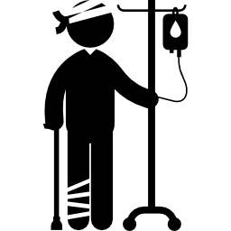 uomo in piedi con testa e gamba ferite con stampella e soluzione salina tramite linea endovenosa icona