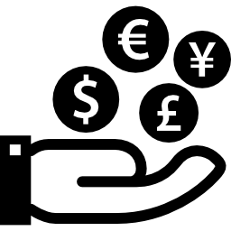financiënsymbool van vier valuta's op een hand icoon