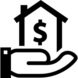 casa con signo de dólar en una mano icono
