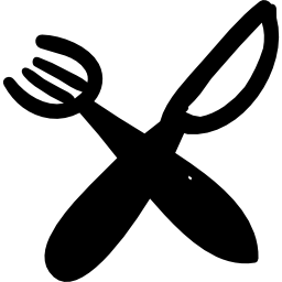 coppia di strumenti per mangiare disegnati a mano incrociati con forchetta e coltello icona
