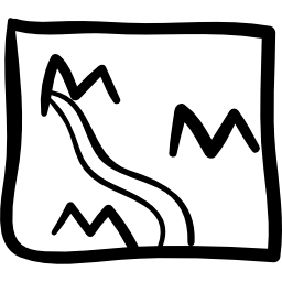 cuadro con río y montañas cuadrado dibujado a mano icono