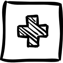 apotheek kruis geschetst teken in vierkante knop icoon