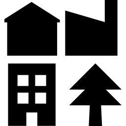 Building silhouettes and tree icon