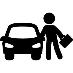 uomo con macchina e valigia icona
