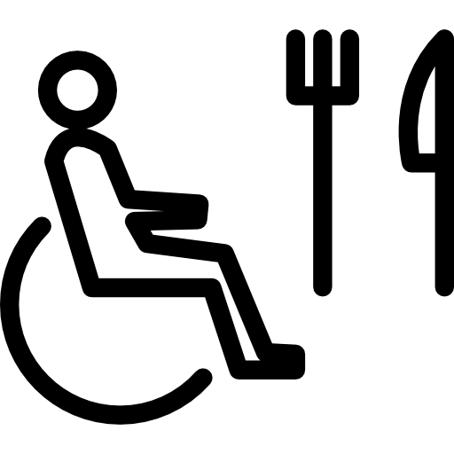 osoba na zarysie wózka inwalidzkiego z widelcem i nożem  ikona