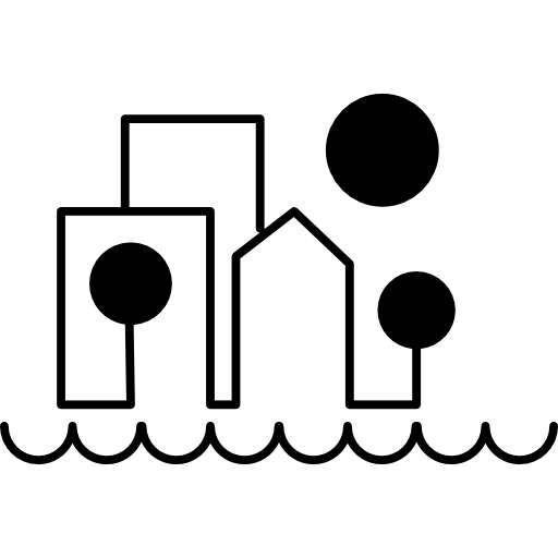 Buildings near the sea made of various shapes  icon
