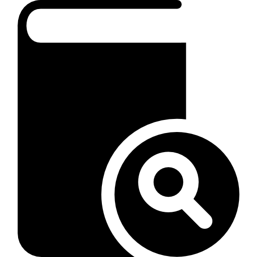 상단에 돋보기 기호로 닫힌 검은 표지 책  icon