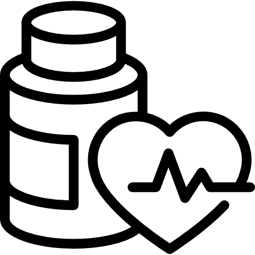 contorno de botella de medicamento y corazón con línea de vida.  icono