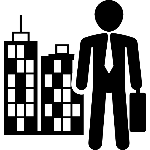 Man wearing business attire with suitcase in a city  icon