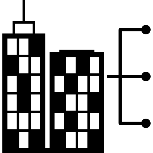 Skyscraper buildings linked to connectors  icon