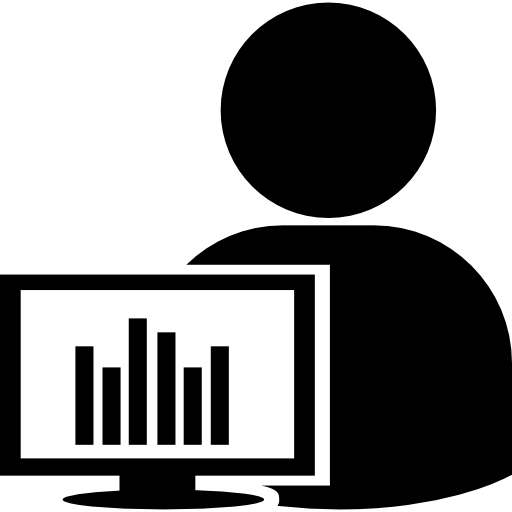 Пользователь с монитором компьютера и гистограммами Pictograms Fill иконка