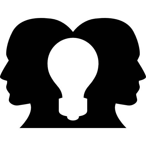 twee hoofden silhouetten kijken naar tegenovergestelde locaties met een gloeilampvorm in het midden  icoon