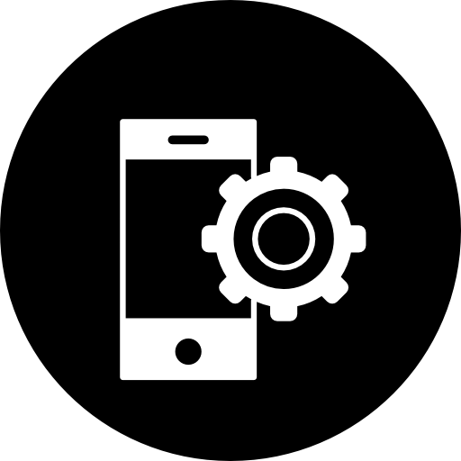 Cellphone variant with cogwheel symbol in a circle  icon