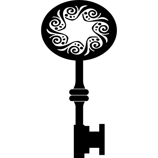 forma de chave antiga com orifício em forma de estrela no meio de espirais em forma oval  Ícone