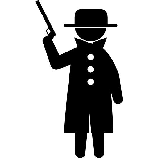 crimineel met pistool bedekt met jas en hoed  icoon
