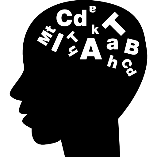 widok z boku łysej męskiej głowy z literami w środku  ikona